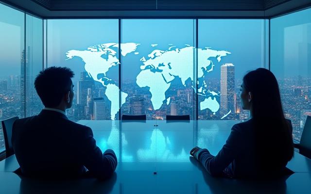 日本市場に参入する外国企業のイメージ、東京のビル群を背景に