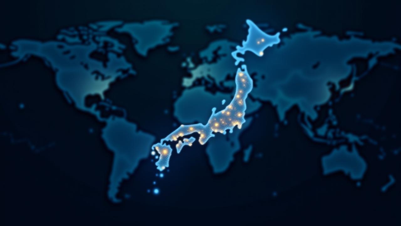 日本地図と世界中の接続を示すネットワーク線