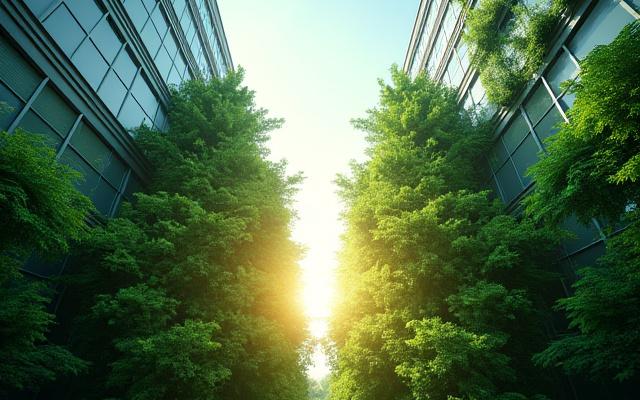 緑の葉とビジネスビルが融合し、持続可能性を表すイラスト